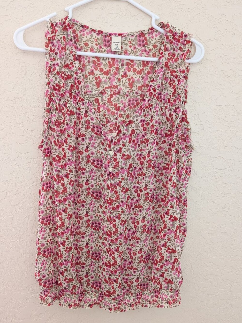 Old Navy Floral Mesh Sheer Ruffle Blouse Buttons Size M